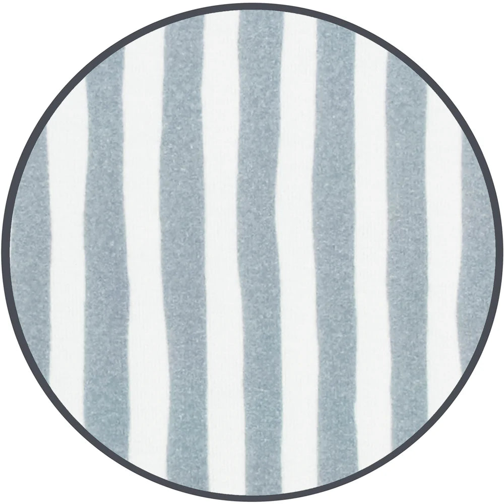 Round fabric sample with grey and white striped pattern on a white background