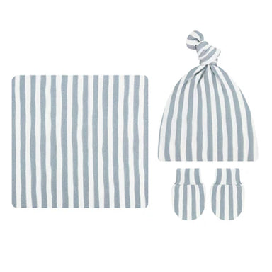 Baby hat, blanket, and mittens set with grey and white stripes on a white background
