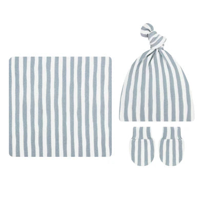 Baby hat, blanket, and mittens set with grey and white stripes on a white background