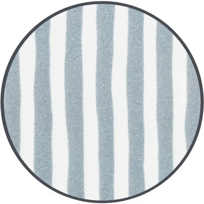 Round fabric sample with blue and white striped pattern on a white background