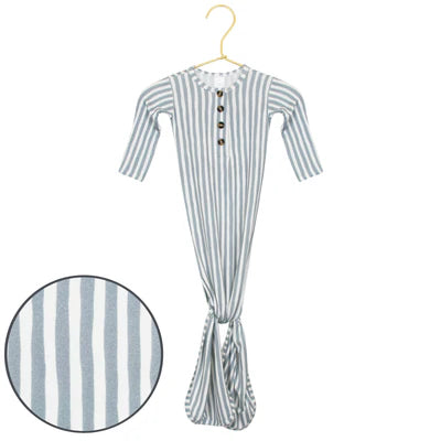 Blue and white striped knotted gown  on a hanger with close-up of fabric texture.