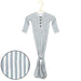 Blue and white striped knotted gown  on a hanger with close-up of fabric texture.