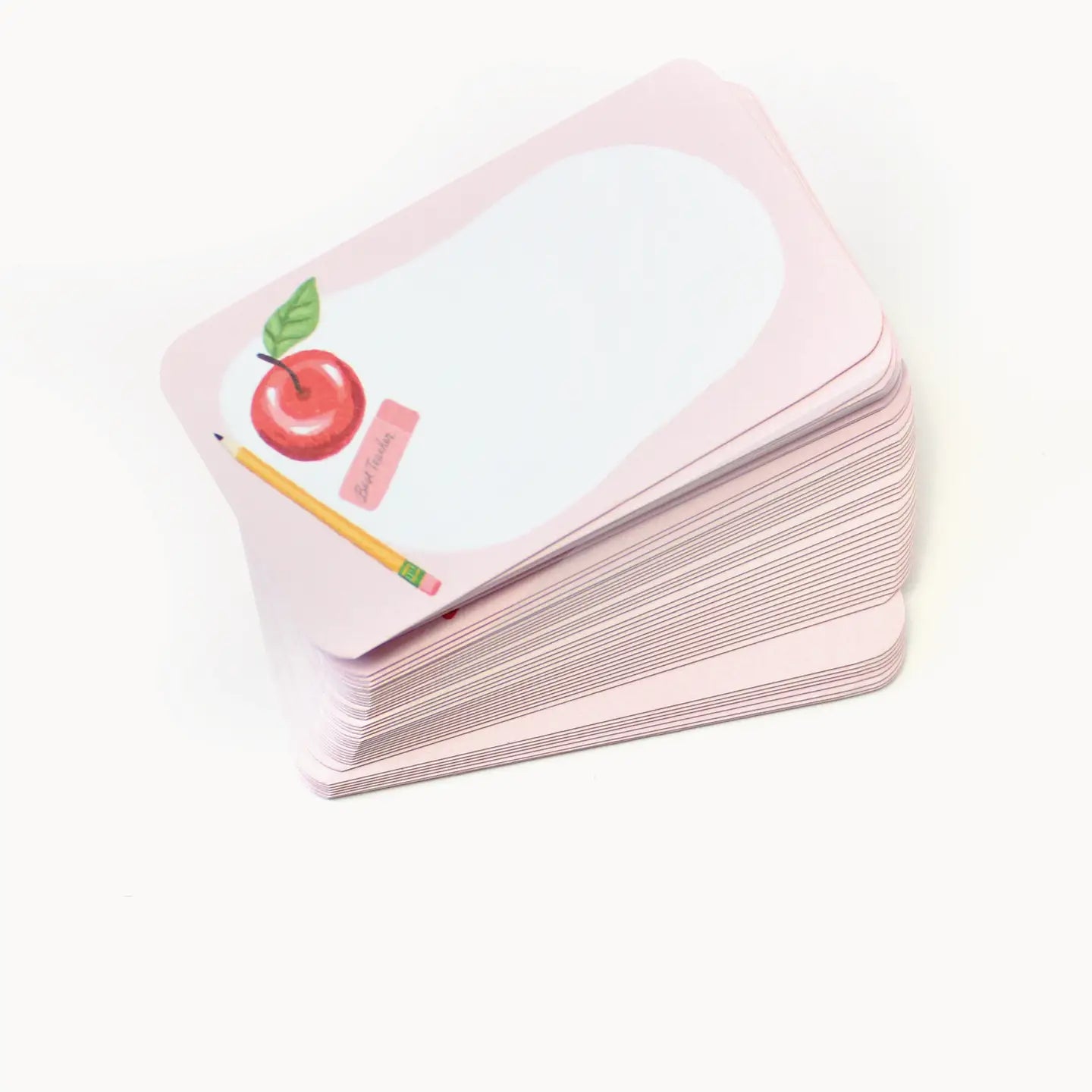 Stack of cards with an apple and pencil illustration on a white background