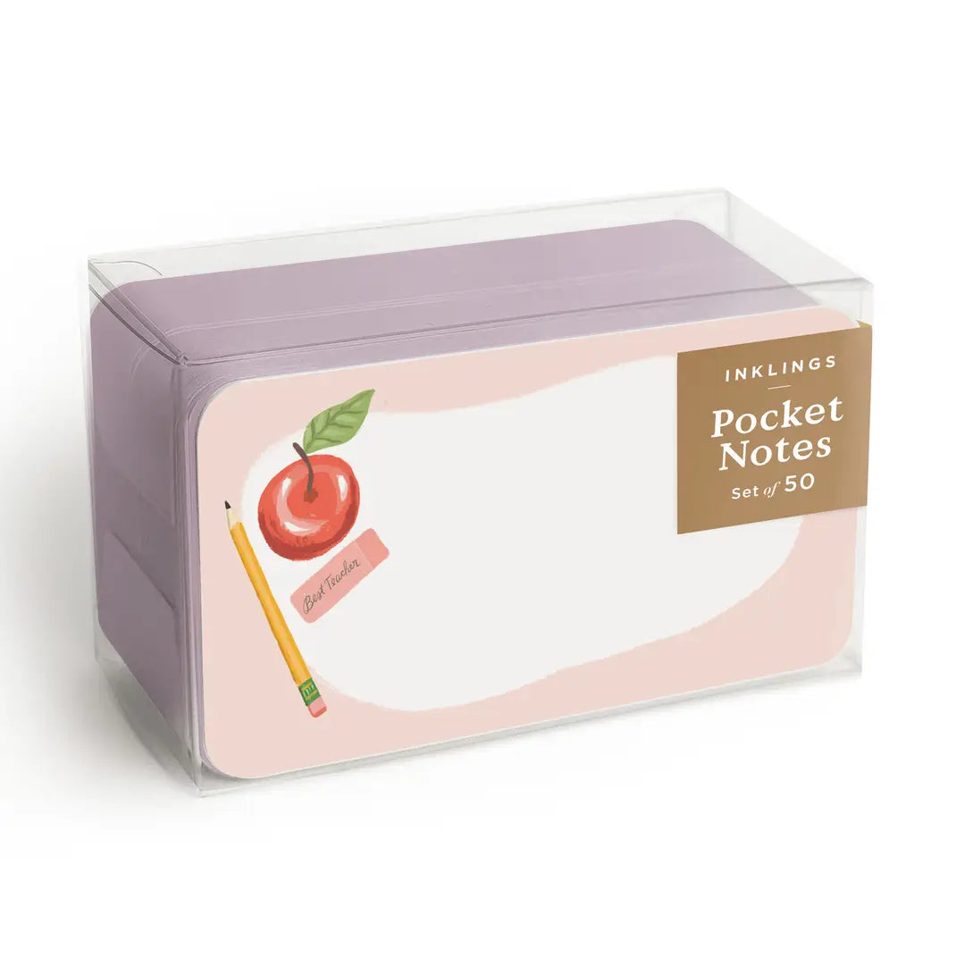 Box of Inklings Pocket Notes with an apple and pencil illustration on a white background