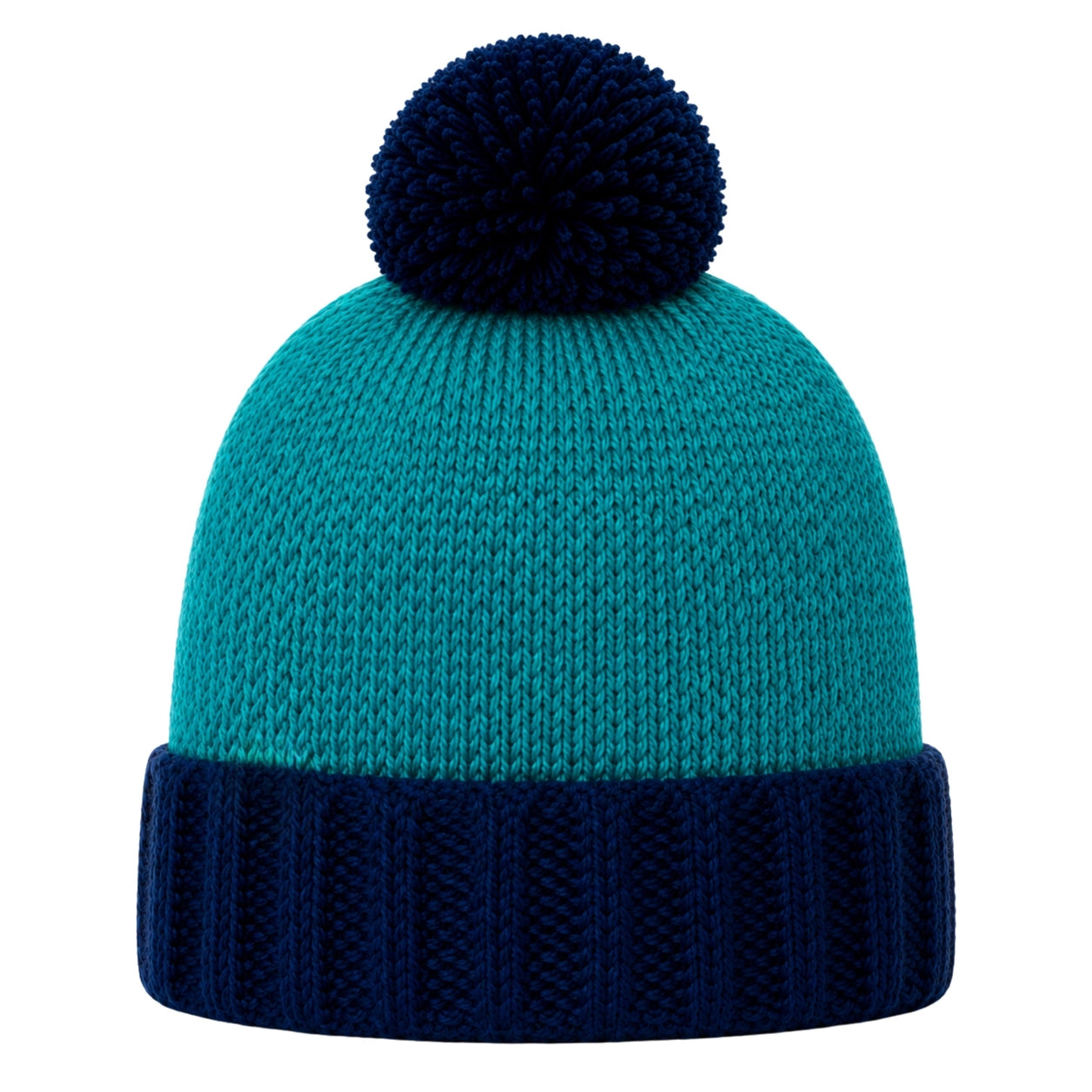 A teal and navy blue knit beanie hat with a matching navy blue pom-pom on top, shown against a plain white background.