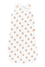 A sleeveless baby sleep sack with a white background and an all-over repeating pattern of teddy bears in orange and blue, shown flat against a white background.