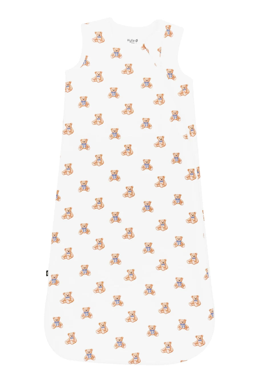 A sleeveless baby sleep sack with a white background and an all-over repeating pattern of teddy bears in orange and blue, shown flat against a white background.