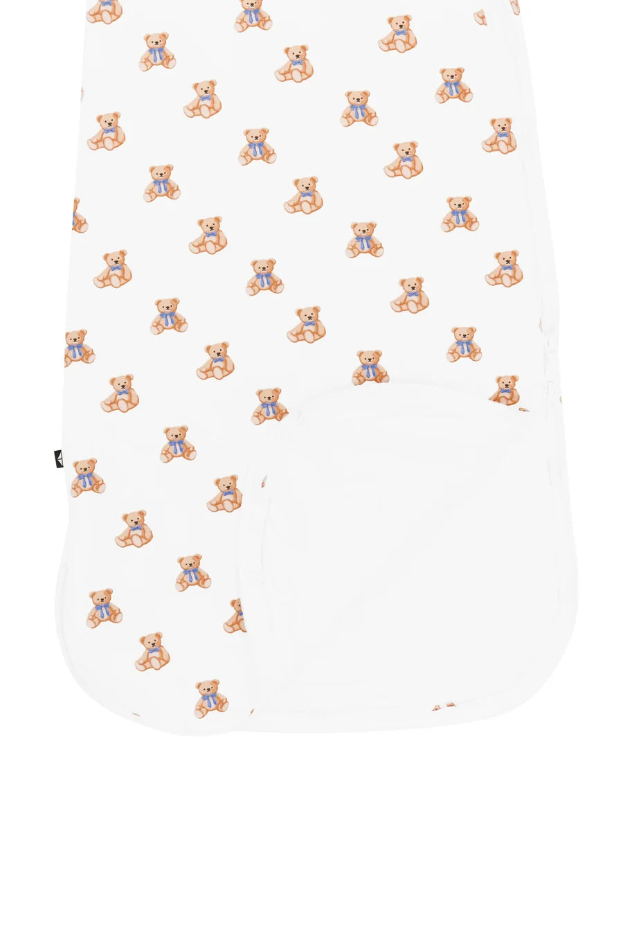 A white baby sleep bag featuring a repeating pattern of small teddy bears wearing blue outfits, shown against a plain white background.