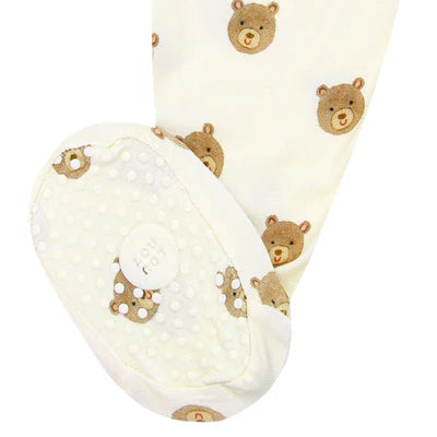 Baby foot with teddy bear pattern on a white background