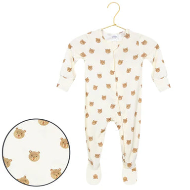Baby onesie with bear pattern on a hanger against a white background