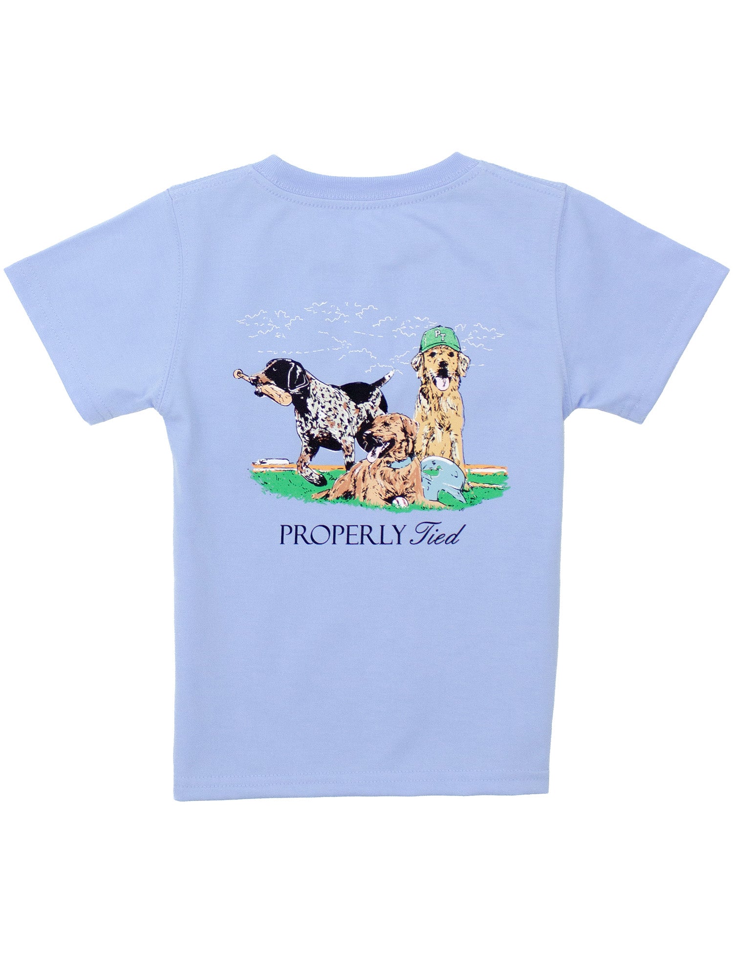 Light blue t-shirt with dog illustration and 'Properly Tied' text on a white background