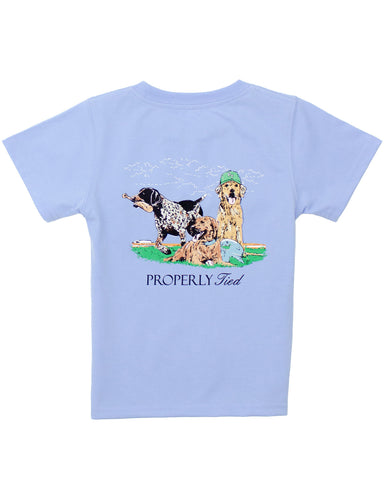 Light blue t-shirt with dog illustration and 'Properly Tied' text on a white background