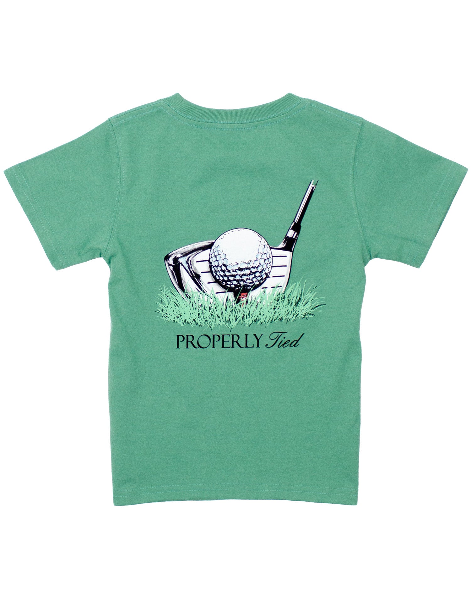 Green t-shirt with a golf graphic and 'Properly Tied' text on a white background