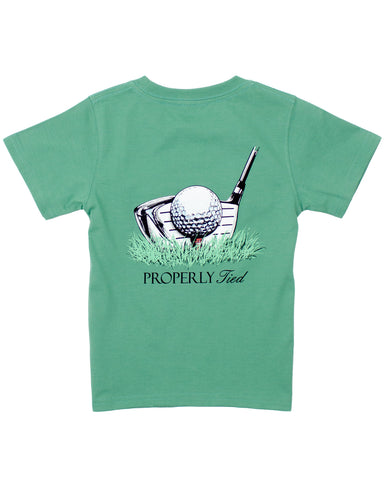 Green t-shirt with a golf graphic and 'Properly Tied' text on a white background