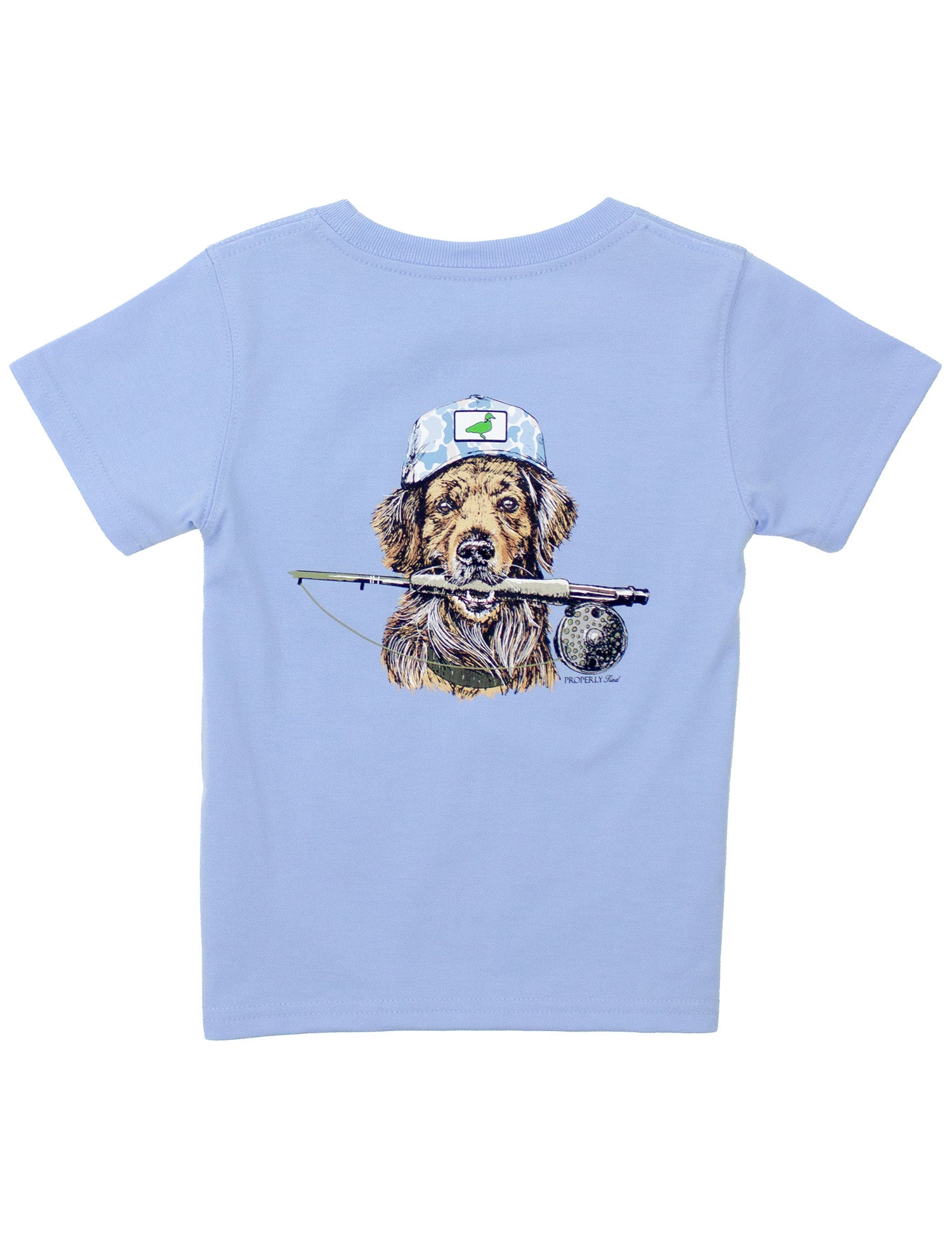 Light blue t-shirt with a graphic of a dog wearing a cap and holding a fishing rod on a white background.
