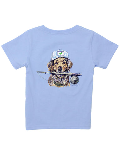 Light blue t-shirt with a graphic of a dog wearing a cap and holding a fishing rod on a white background.