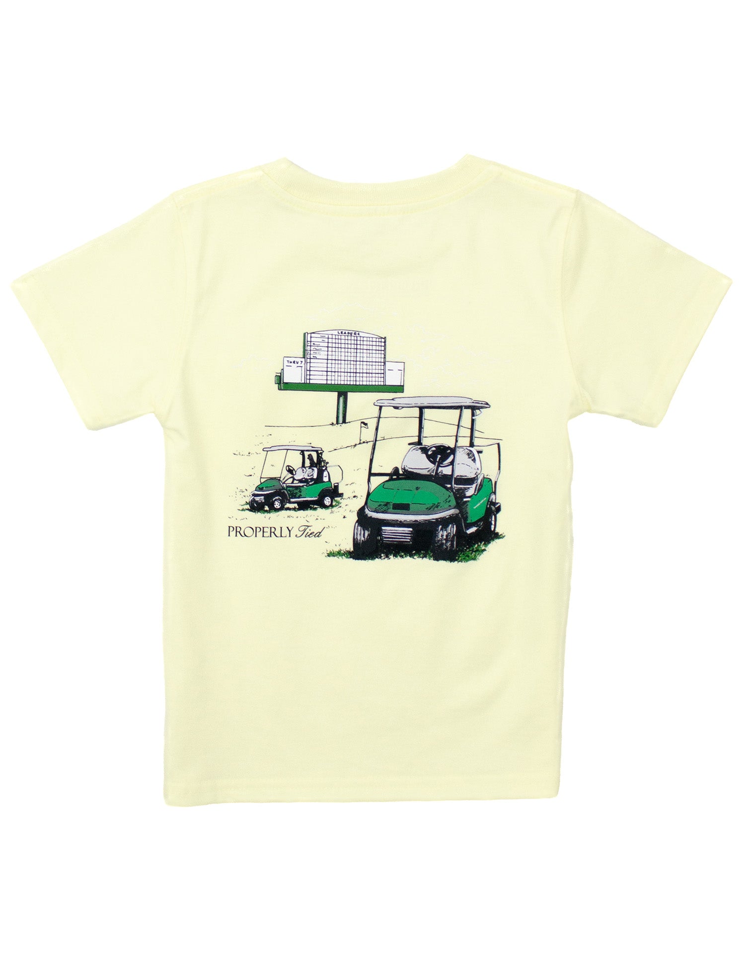 Light yellow t-shirt with a graphic of golf carts and a scoreboard on the back, on a white background.