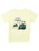 Light yellow t-shirt with a graphic of golf carts and a scoreboard on the back, on a white background.