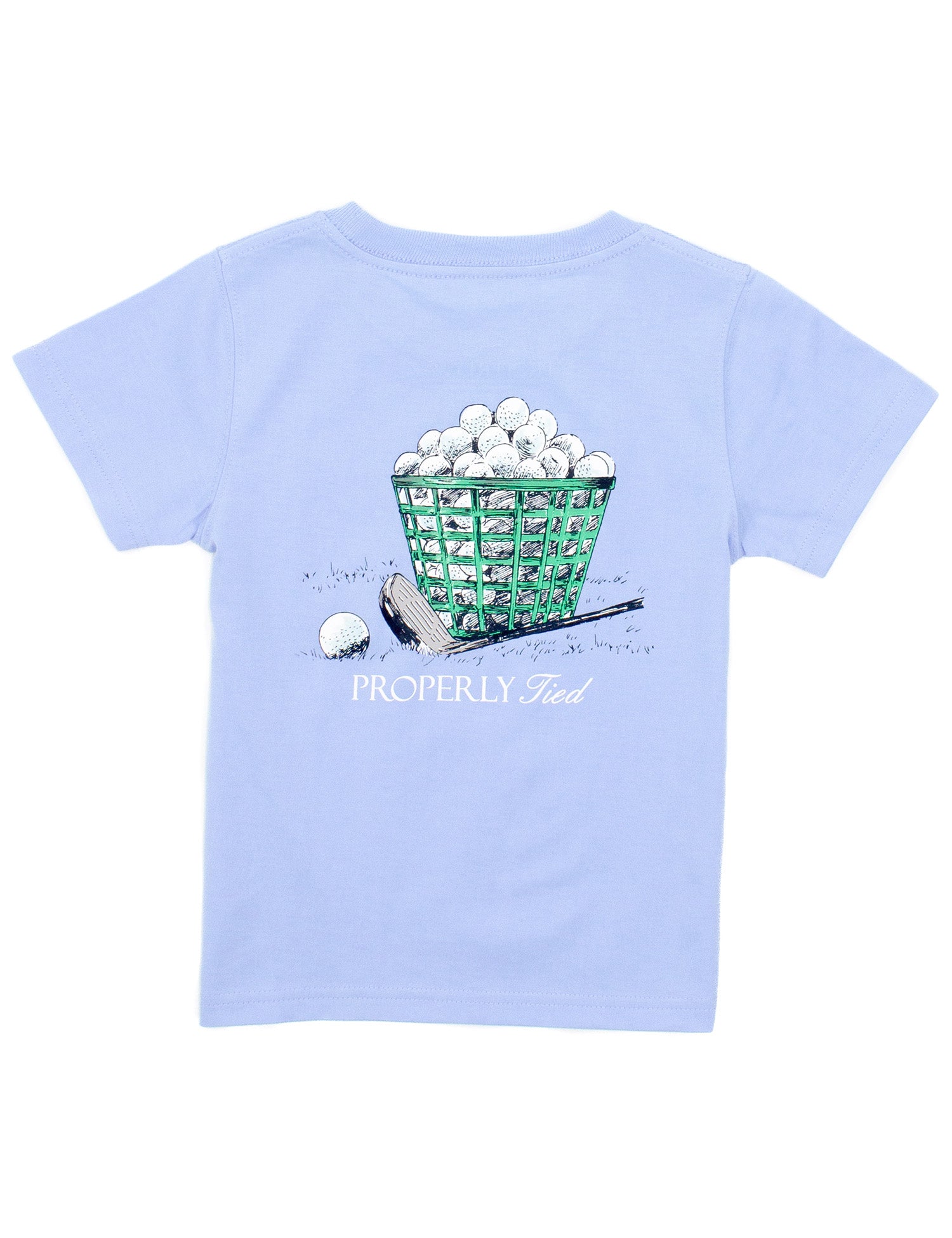 Light blue t-shirt with golf graphic and text on a white background