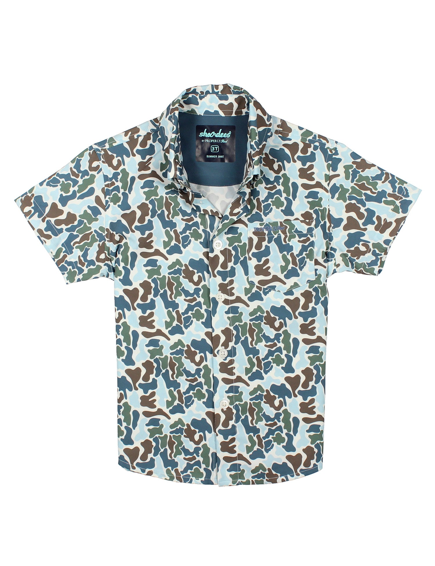 A short-sleeve button-up shirt with an all-over camouflage pattern in brown, green, and blue on a white base, shown flat against a white background.