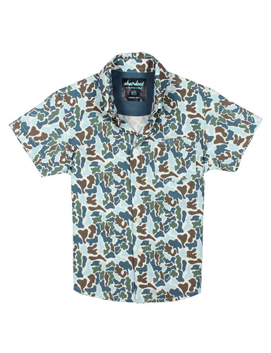A short-sleeve button-up shirt with an all-over camouflage pattern in brown, green, and blue on a white base, shown flat against a white background.