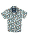 A short-sleeve button-up shirt with an all-over camouflage pattern in brown, green, and blue on a white base, shown flat against a white background.
