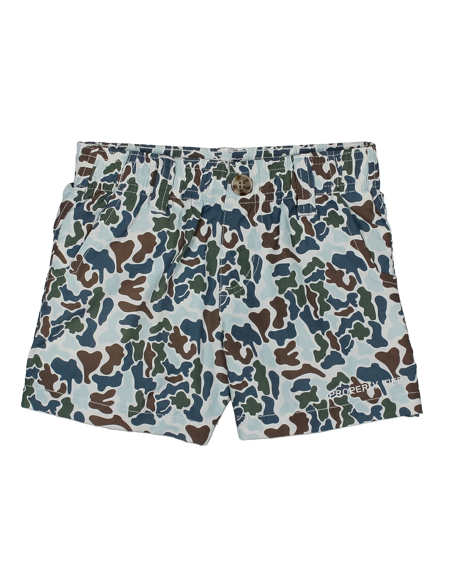 Camouflage-patterned shorts on a white background