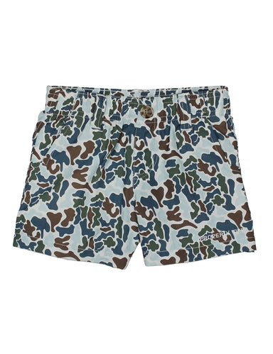 Camouflage-patterned shorts on a white background