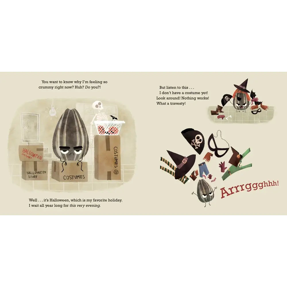 Halloween-themed illustration with costumes and text on a beige background