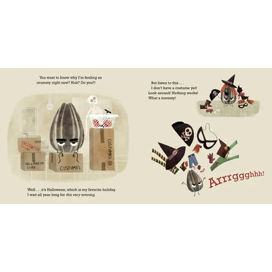 Halloween-themed illustration with costumes and text on a beige background