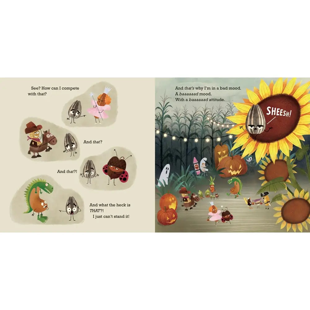 Illustrated children's book page with Halloween-themed characters and a sunflower with 'SHEESH!' text.