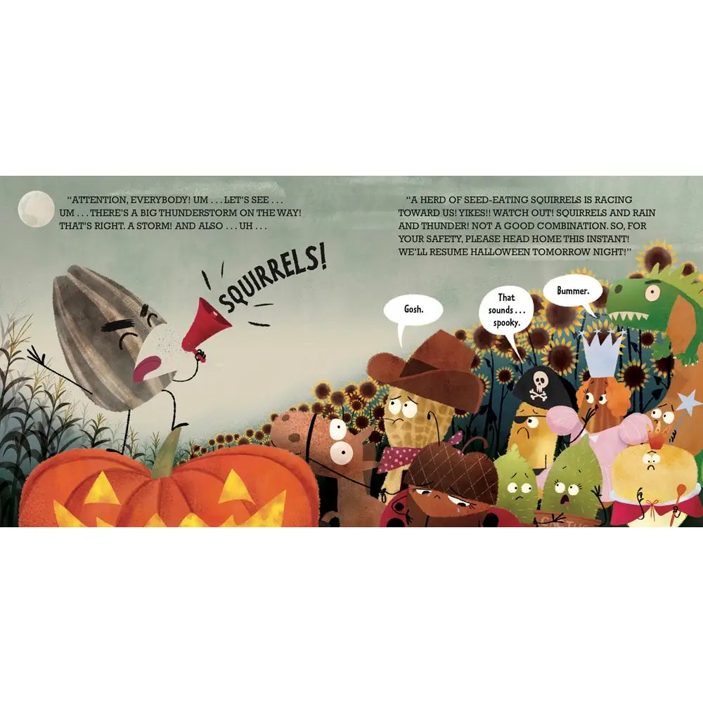 Cartoon illustration of animals and pumpkins with a humorous message about a storm on Halloween.