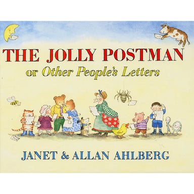 Book cover of 'The Jolly Postman' with illustrations of animals and children holding letters.