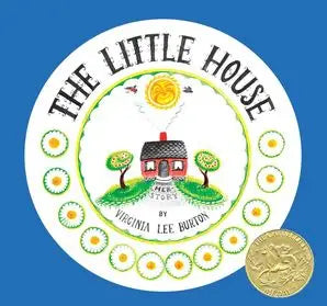 Logo of 'The Little House' book series with a house illustration and gold medal on a blue background