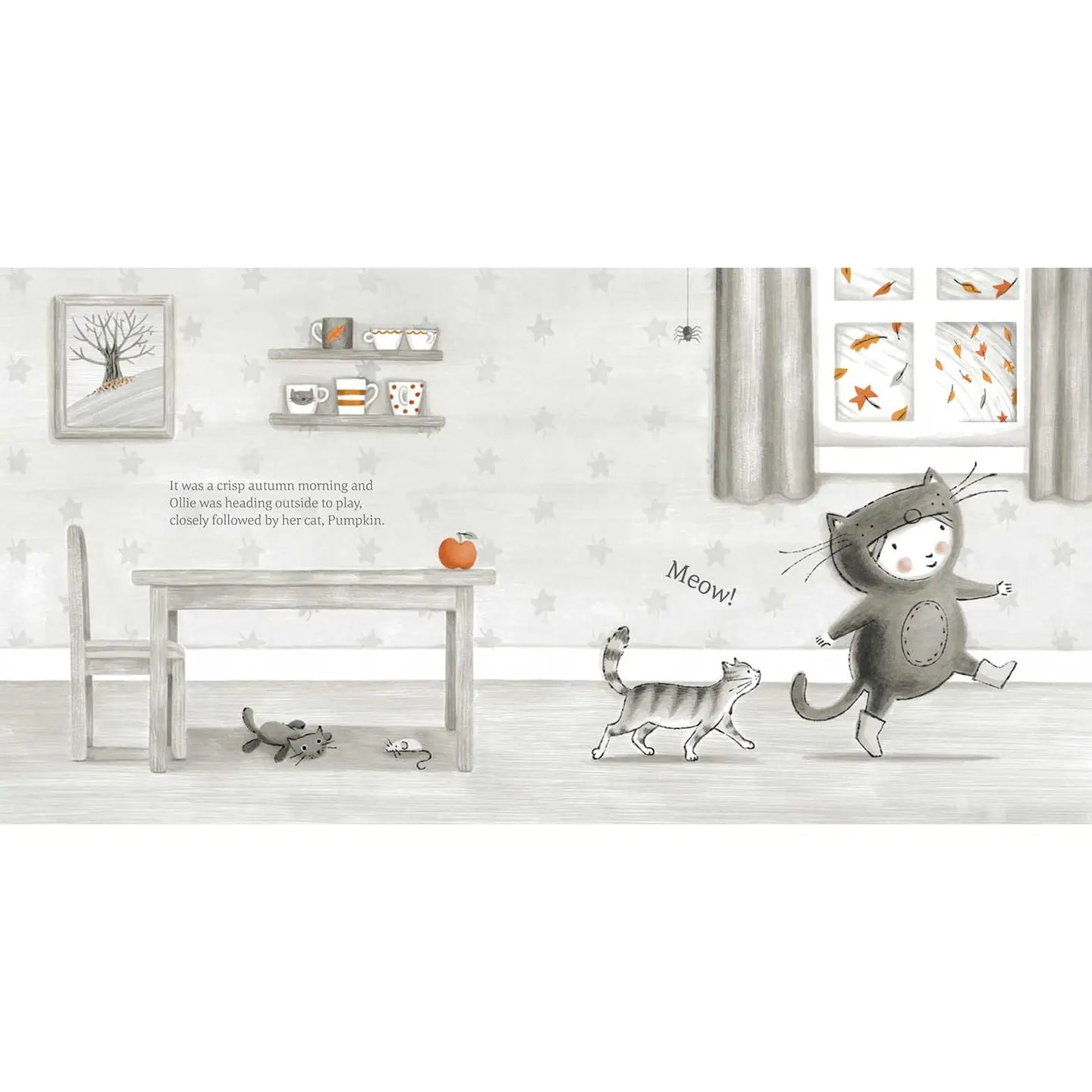 Illustration of a child in a cat costume following a cat toy on a wooden floor.