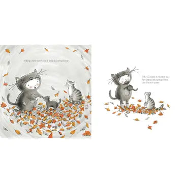 Illustration of cats playing with leaves on a white background