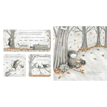 Illustrated book pages with a bear in a forest setting