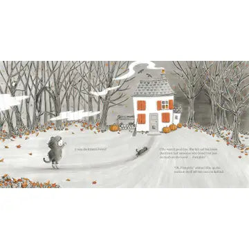 Illustration of a snowy landscape with a house and trees, featuring a dog and a cat.