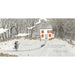 Illustration of a snowy landscape with a house and trees, featuring a dog and a cat.