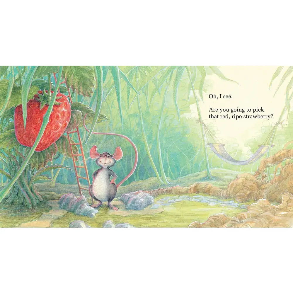 Illustration of a mouse near a large strawberry with a ladder, set in a whimsical forest.