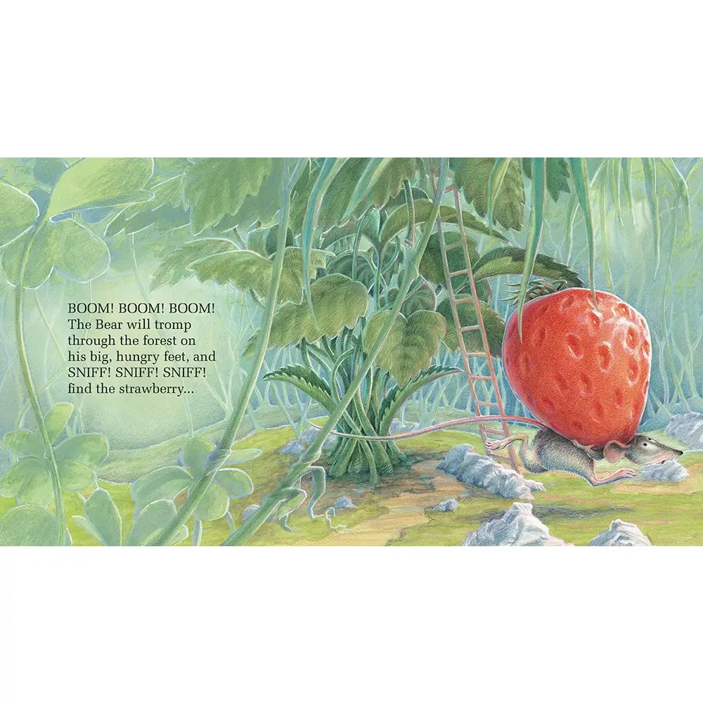 Illustration of a strawberry on a leaf with text about a bear in a forest setting.
