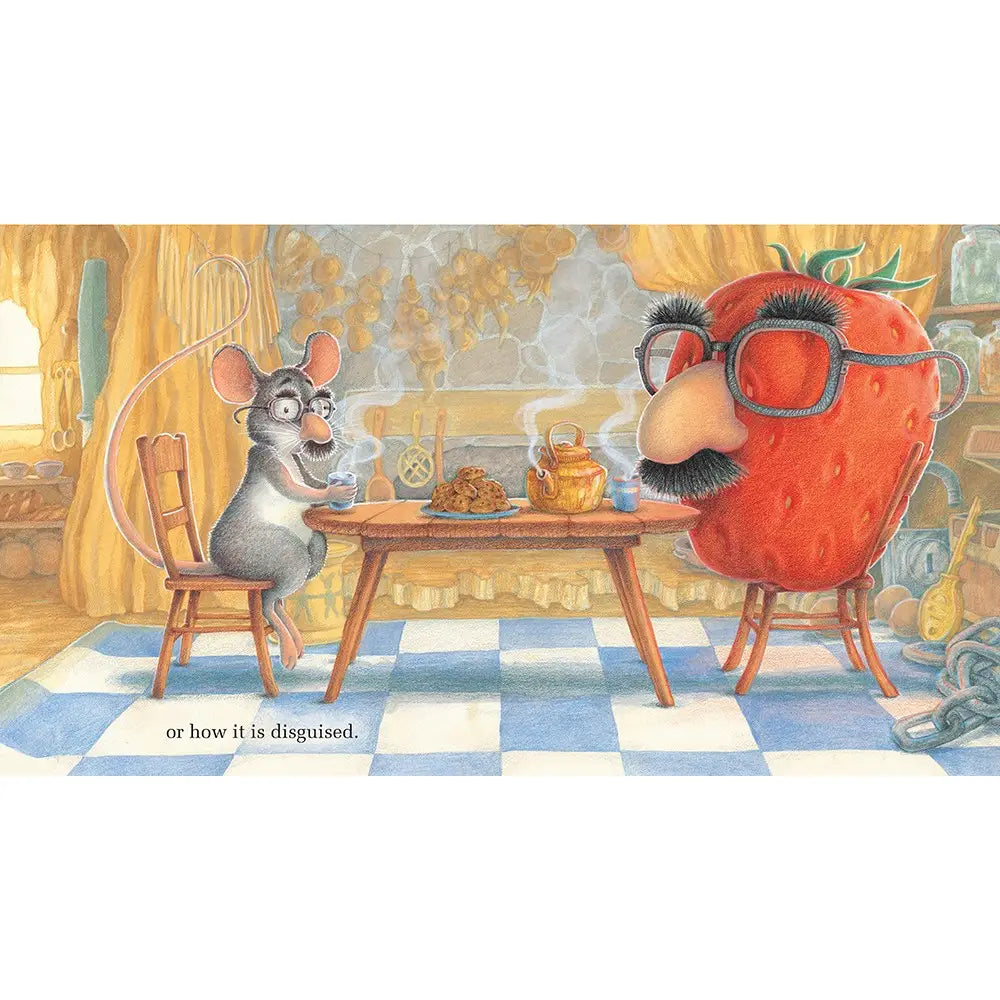 Illustration of a mouse and a strawberry with glasses sitting at a table in a room with checkered floor.