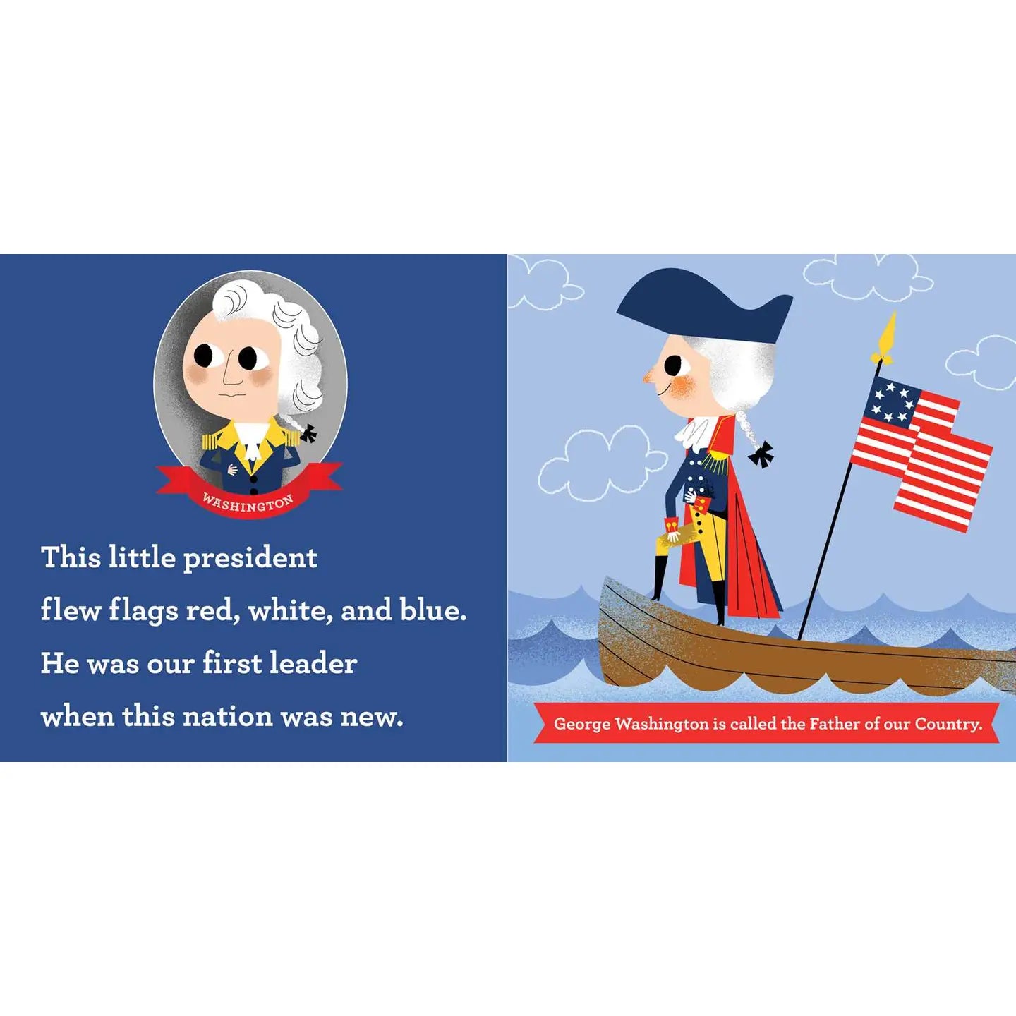 Illustration of George Washington in a boat with an American flag, educational text on a blue background