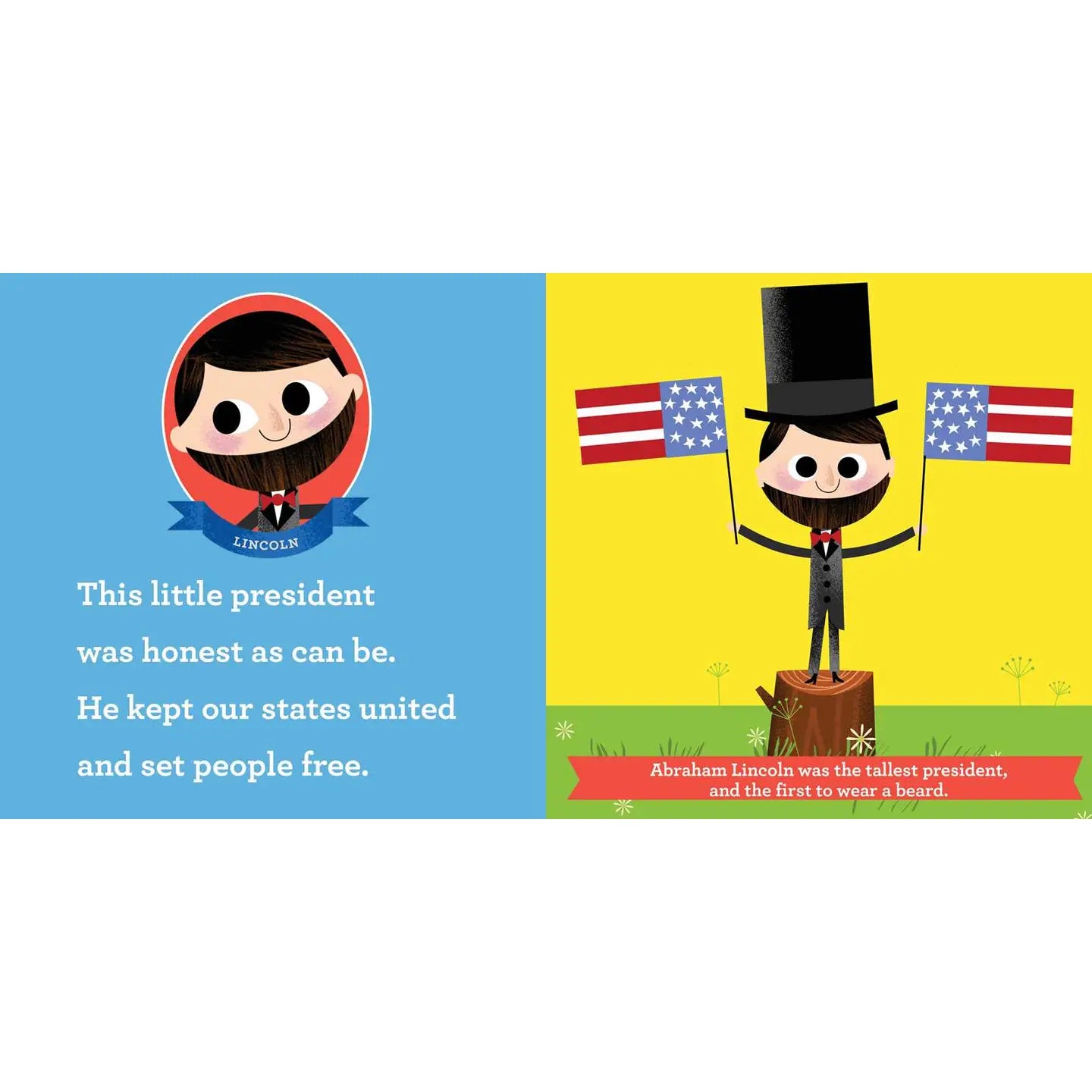 Illustration of a cartoon Abraham Lincoln holding an American flag on a yellow background with text about his presidency.