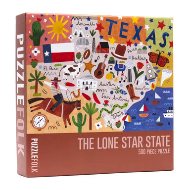 Puzzle box featuring a colorful illustration of Texas with various icons and text.