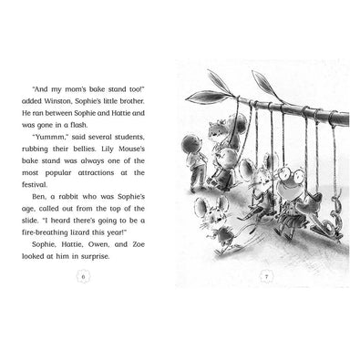 Illustrated book page with characters on a swing set and text.