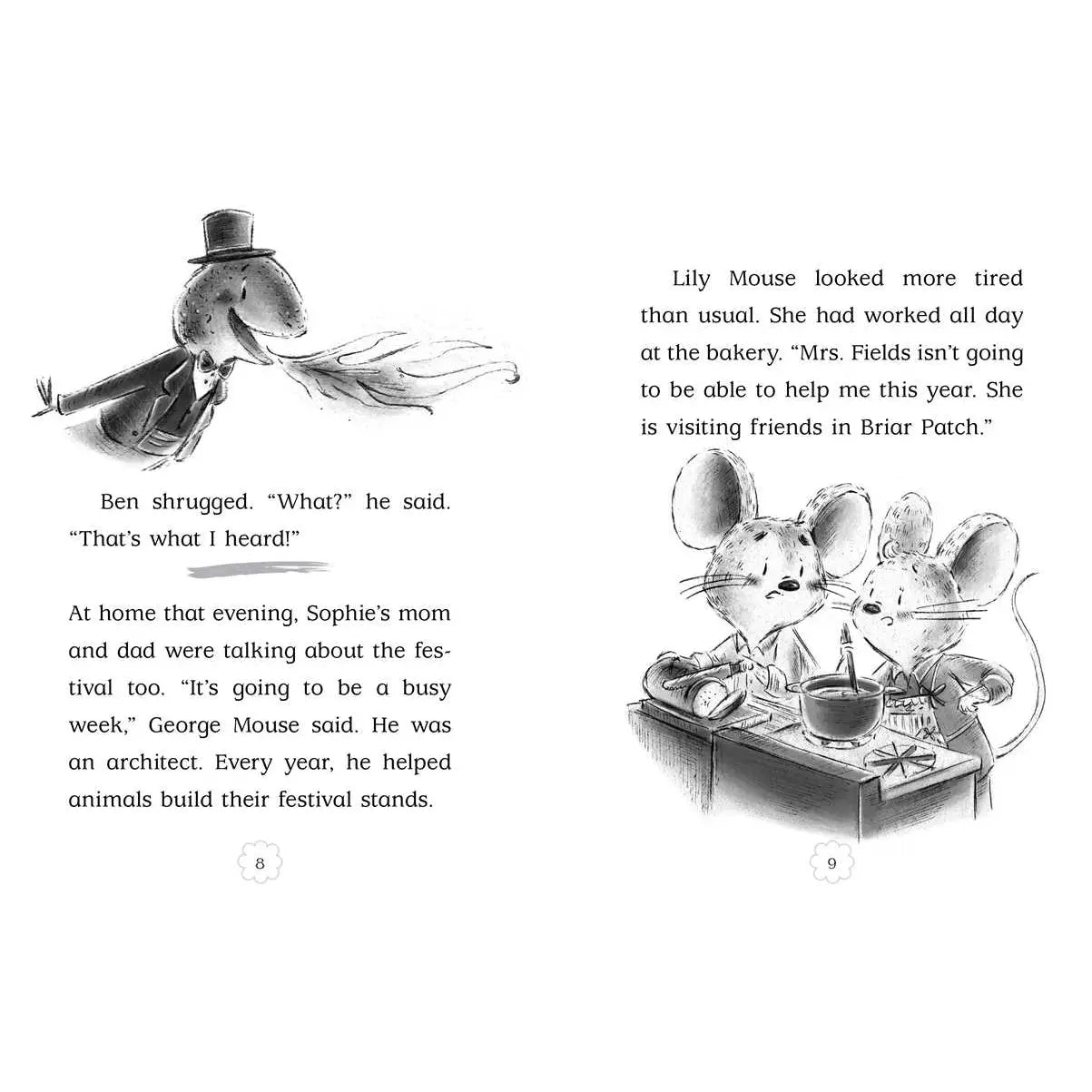 Illustrated book page with black and white drawings of mice and text.