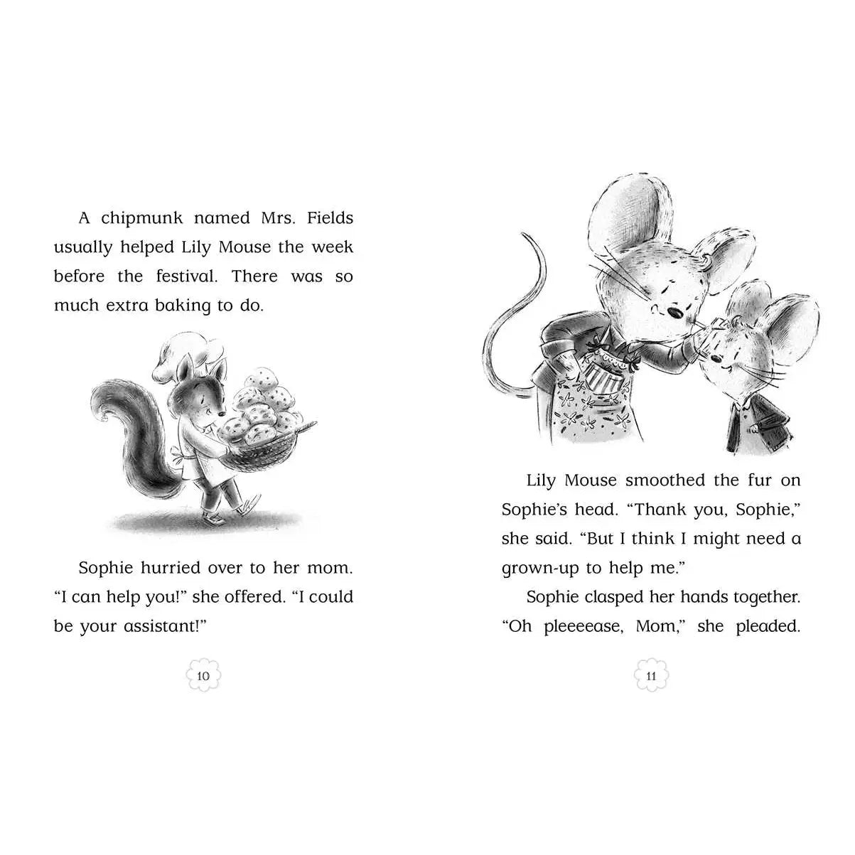 Illustrated book page with a chipmunk and a mouse, featuring text about their interactions.
