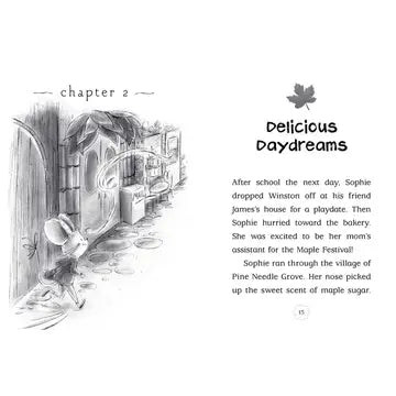 Illustrated book page with a black and white drawing of a girl running out of a house and text about Sophie's daydreams.
