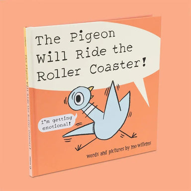 Book cover of 'The Pigeon Will Ride the Roller Coaster!' with a cartoon pigeon and text on an orange background.